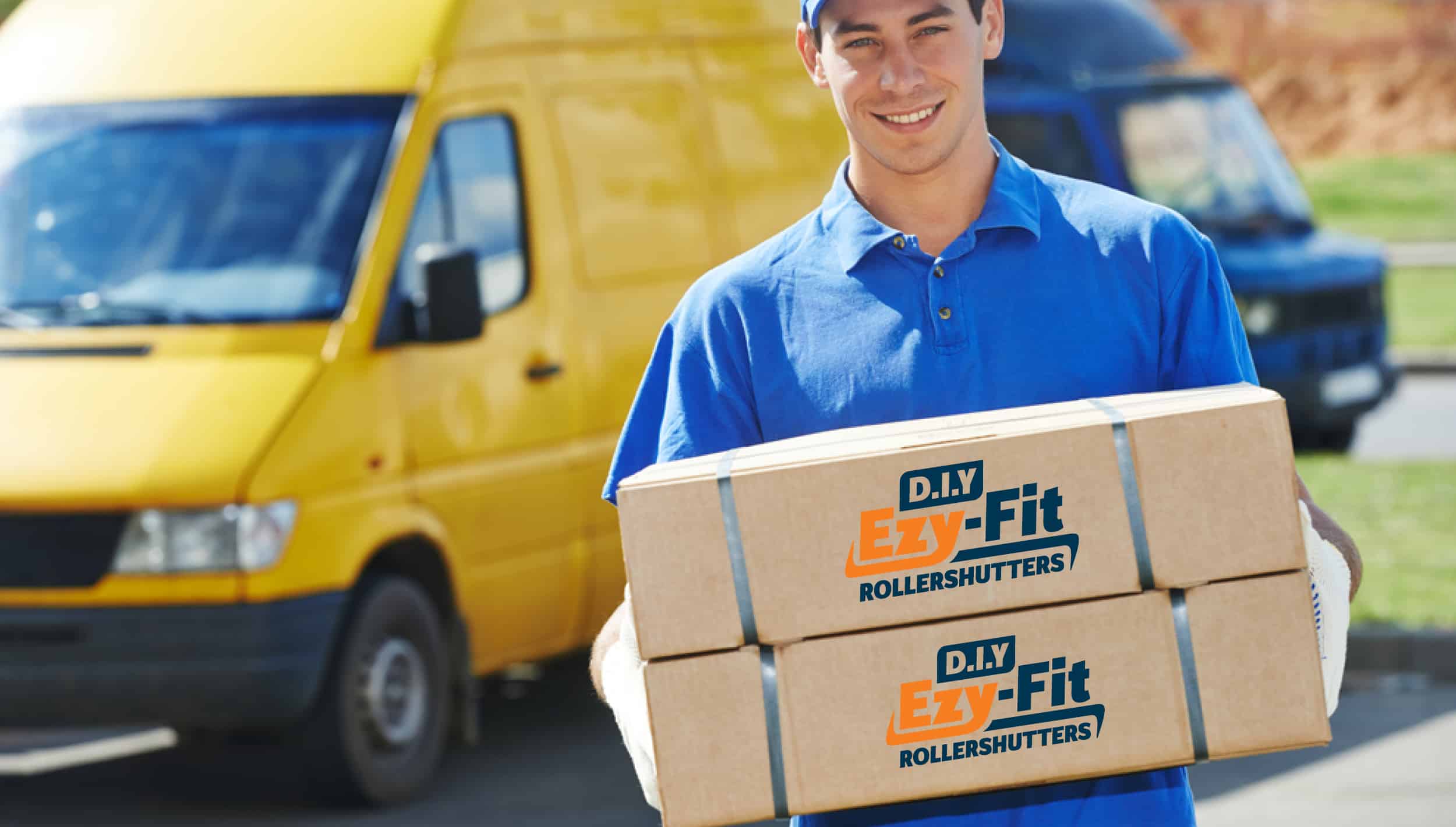 A delivery man delivering EzyFit Roller Shutters in boxes